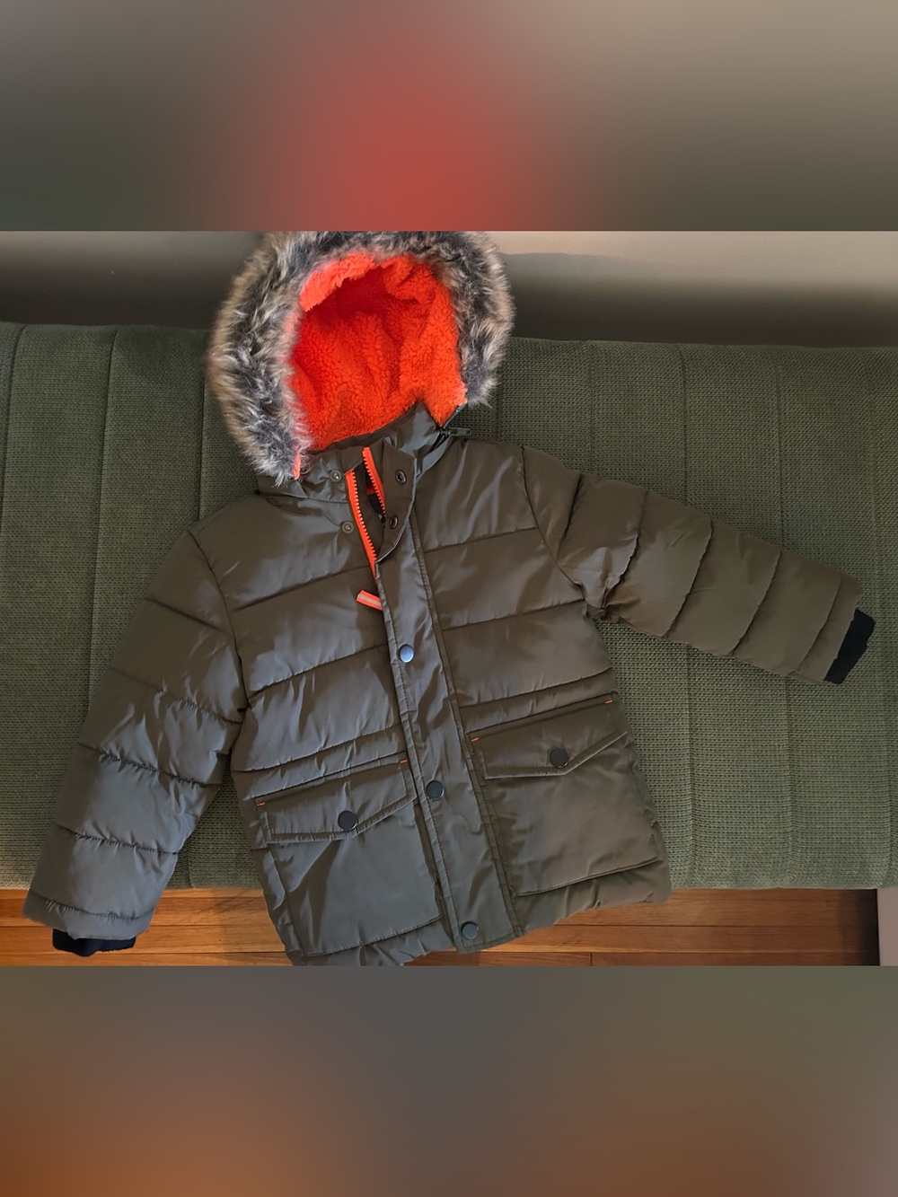 Members Mark (Sam’s Club) Green Puffer Jacket with Orange Sherpa Hood